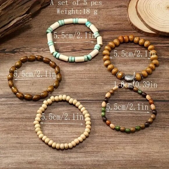 Wood Bead Bracelet Cuff 5pc Surfer Stackable Stretchy wooden Boho Trendy Stylish - Picture 3 of 3